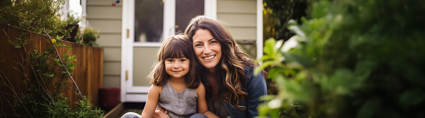 mother and daughter smile as they sit in a yard