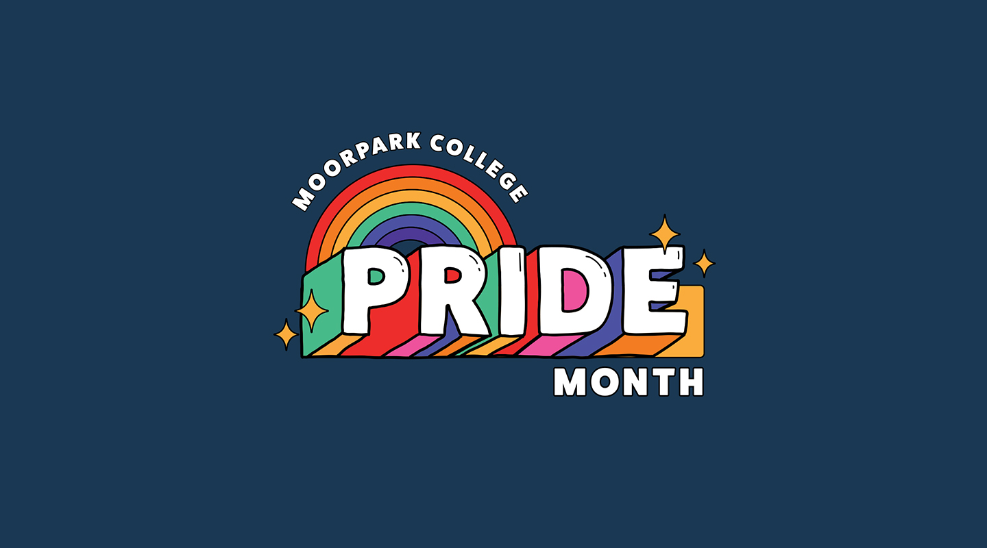 colorful word PRIDE with rainbow on blue background