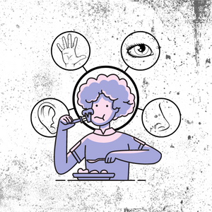 Individual eating with five senses in the background 