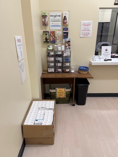Photo of the waiting area in the Student Health Center, where self-serve condoms are available.