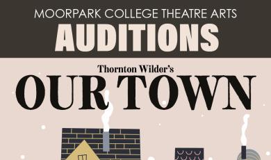 Auditions for Our Town at Moorpark College. Illustration of a town on a light pink background
